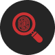 A red fingerprint under a magnifying glass on a dark background.